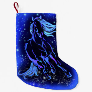 Petite Chaussette De Noël Cheval Bleu Magique Courant À La Nuit Étincelant