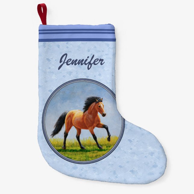 Petite Chaussette De Noël Cheval Buckskin courant bleu clair (Devant)