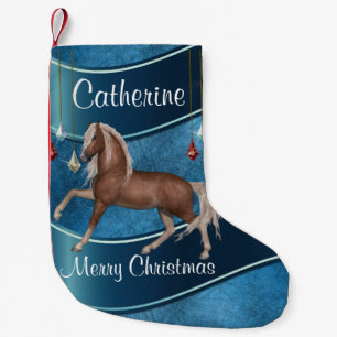 Petite Chaussette De Noël Cheval En Bleu Avec Ornements Joyeux Noël