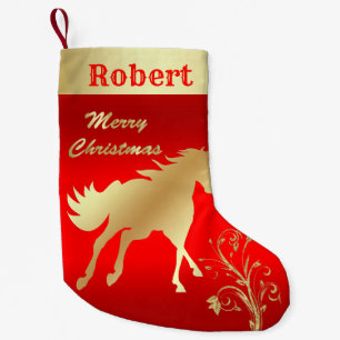 Petite Chaussette De Noël Cheval occidental d'or sur le rouge