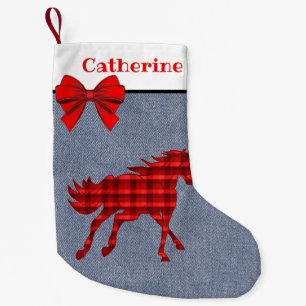 Petite Chaussette De Noël Cheval Rouge Occidental Plaid Sur Faux Denim