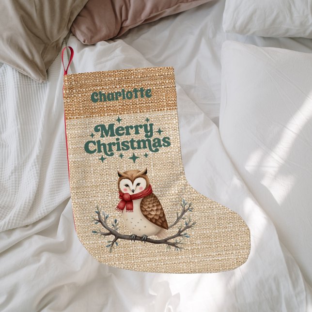 Petite Chaussette De Noël Chevêche burlap beige nom rétro Joyeux Noël (Créateur téléchargé)