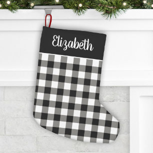 Petite Chaussette De Noël Chic Nom en Script à Carreaux de Bison Noir et Bla