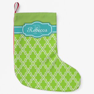 Petite Chaussette De Noël Chic vert treillis Motif bleu Monogramme