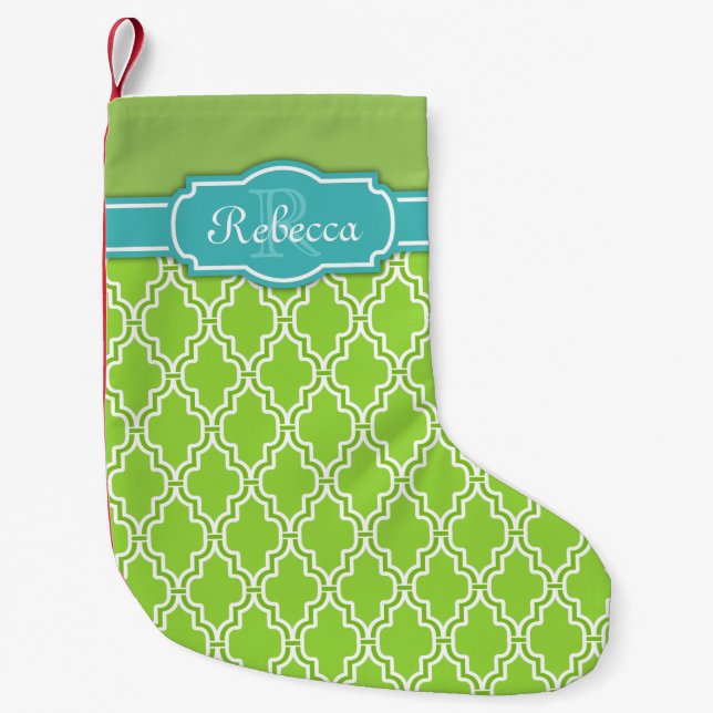 Petite Chaussette De Noël Chic vert treillis Motif bleu Monogramme (Devant)