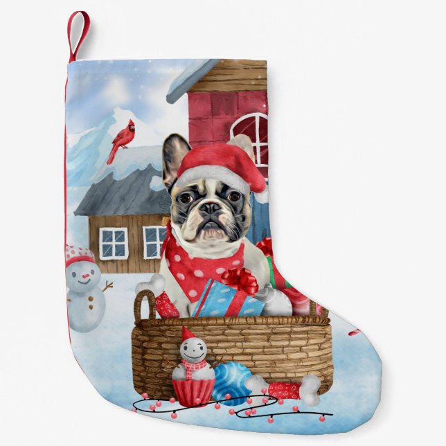 Petite Chaussette De Noël Chien à tête blanche dans la neige Maison de Chien (Devant)
