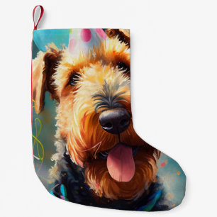 Petite Chaussette De Noël Chien Airedale avec chapeau d'anniversaire et ball