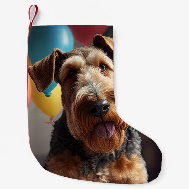 Petite Chaussette De Noël Chien Airedale avec gâteau et ballons (Devant)