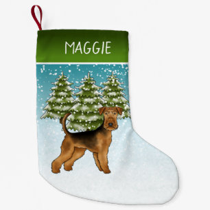 Petite Chaussette De Noël Chien Airedale Terrier Forêt enneigée d'hiver Et n