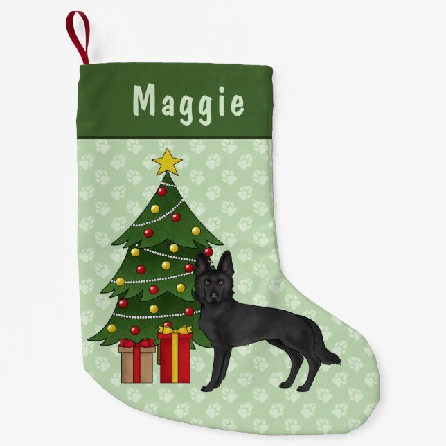 Petite Chaussette De Noël Chien berger allemand noir arbre de Noël vert arbr (Devant)