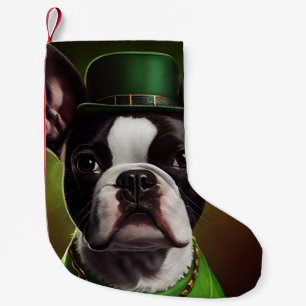 Petite Chaussette De Noël Chien Boston Terrier en robe de la Saint-Patrick