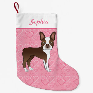 Petite Chaussette De Noël Chien Brown De Boston Terrier Sur Coeurs Et Nom Ro
