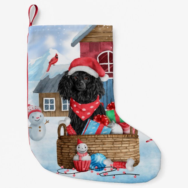 Petite Chaussette De Noël Chien Caniche Dans Maison de Noël enneigée (Devant)