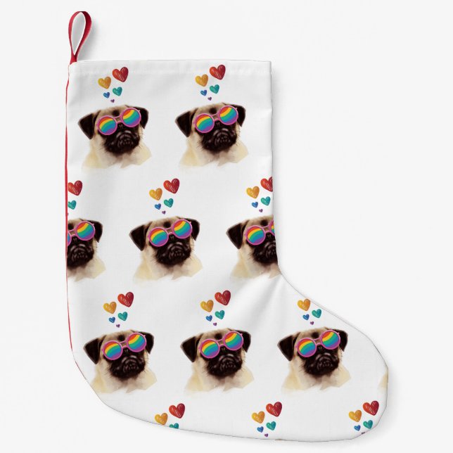 Petite Chaussette De Noël Chien Carlin avec coeurs Saint-Valentin (Devant)