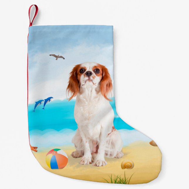 Petite Chaussette De Noël Chien Cavalier King sur la Plage (Devant)
