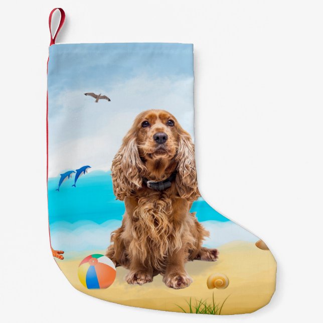 Petite Chaussette De Noël Chien Cocker Spaniel sur la plage (Devant)