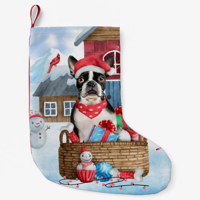Petite Chaussette De Noël Chien de Boston Terrier dans la neige Maison de Ch (Devant)