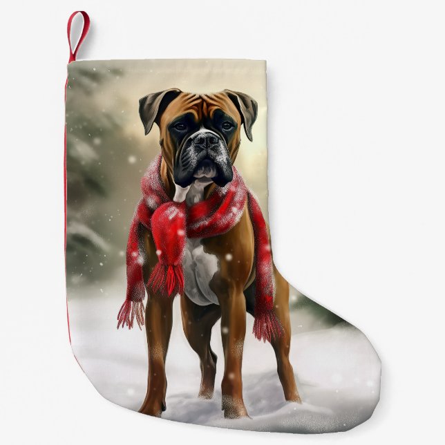 Petite Chaussette De Noël Chien de boxe en Noël de neige (Devant)