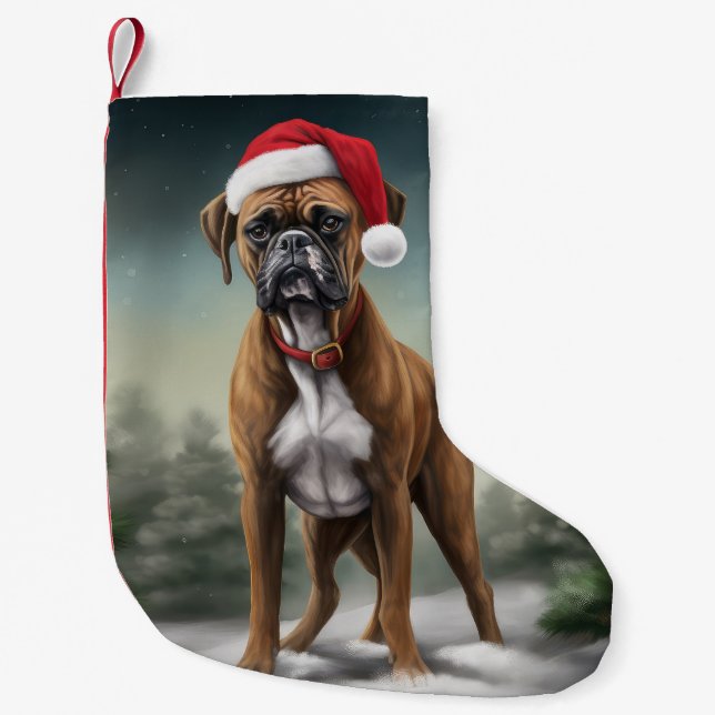 Petite Chaussette De Noël Chien de boxe en Noël de neige (Devant)