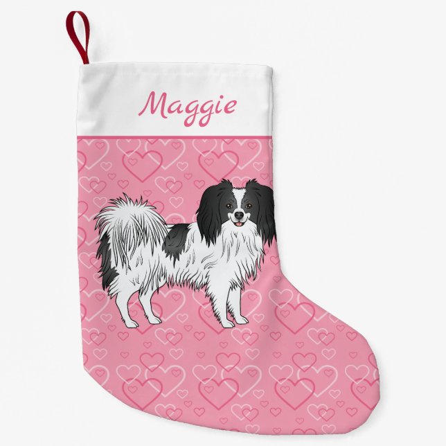 Petite Chaussette De Noël Chien De Caricature Phalène Noir Et Blanc Sur Coeu (Devant)