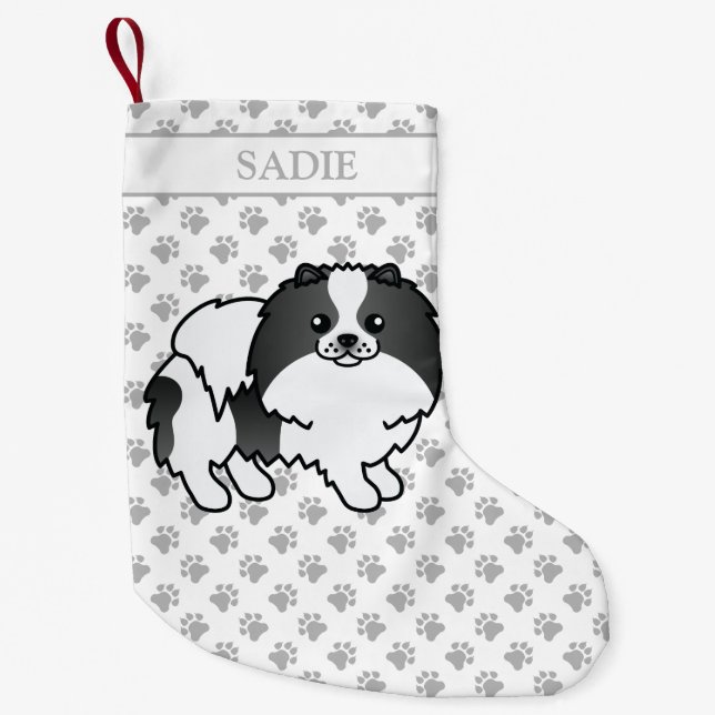 Petite Chaussette De Noël Chien de caricature Poméranien de couleur pou noir (Devant)