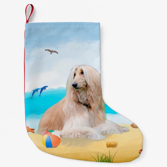 Petite Chaussette De Noël Chien de chien afghan sur la plage (Devant)