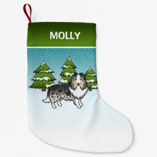 Petite Chaussette De Noël Chien de dessin animé Sheltie Merle Bleu en hiver 