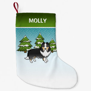Petite Chaussette De Noël Chien de dessin animé Sheltie tricolore en hiver &