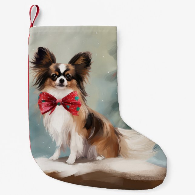Petite Chaussette De Noël Chien de Papillon à Noël de neige (Devant)