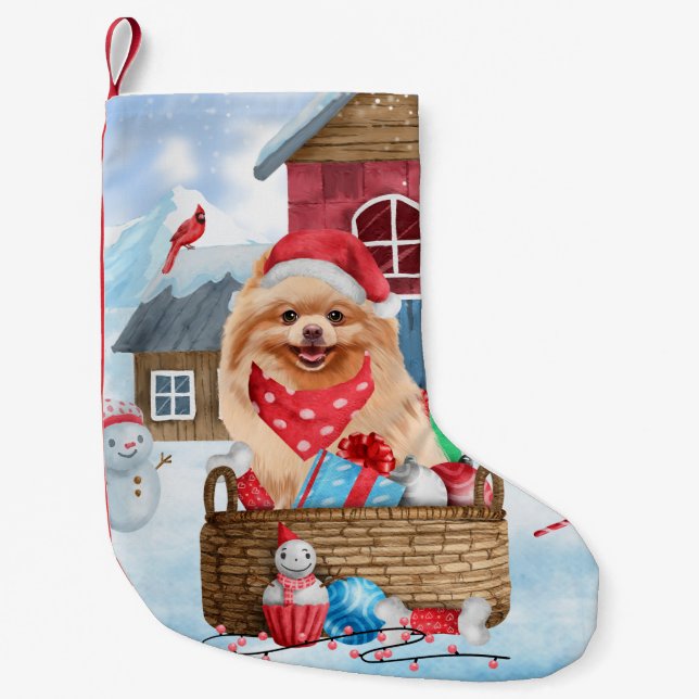 Petite Chaussette De Noël Chien de Poméranie dans la neige Maison de Chien d (Devant)