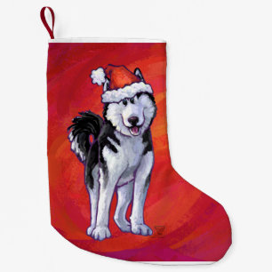 Petite Chaussette De Noël Chien de traîneau dans le casquette de Père Noë
