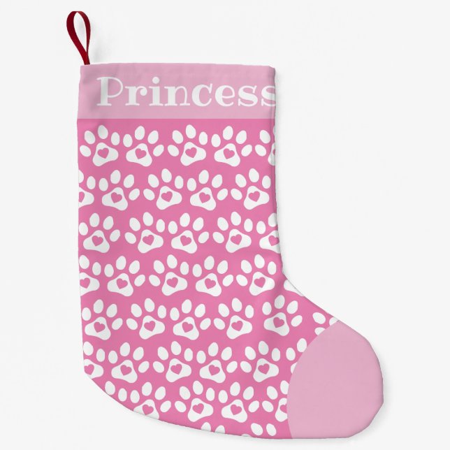 Petite Chaussette De Noël Chien Empreinte de patte rose Top Noël Stocking (Devant)