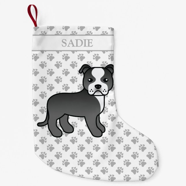 Petite Chaussette De Noël Chien et nom en caricature noir et blanc (Devant)