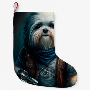 Petite Chaussette De Noël Chien Havanais en vélo peinture numérique
