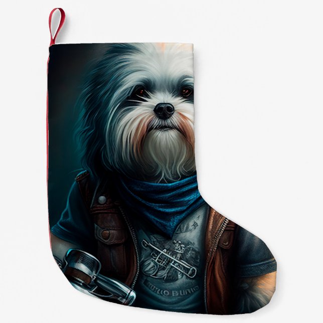 Petite Chaussette De Noël Chien Havanais en vélo peinture numérique (Devant)