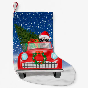 Petite Chaussette De Noël Chien Husky Sibérien Conduisant une Voiture dans l