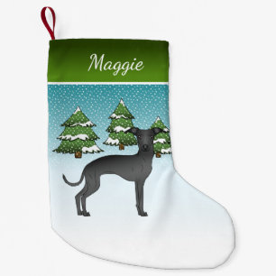 Petite Chaussette De Noël Chien Lévrier Italien Noir Dans Une Forêt En Hiver