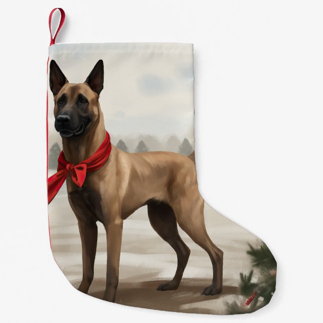 Petite Chaussette De Noël Chien malinois belge à Noël de neige (Devant)