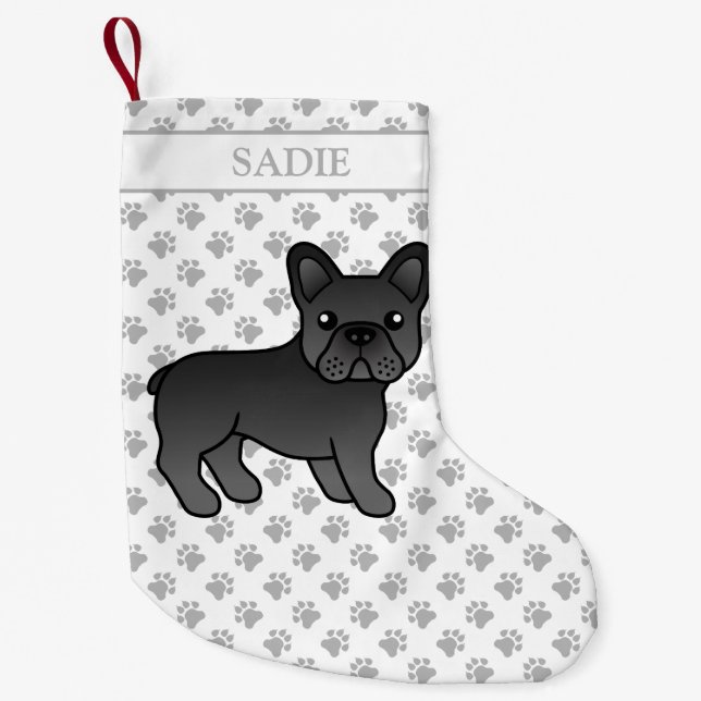 Petite Chaussette De Noël Chien noir français Bulldog mignon Dessin et nom (Devant)