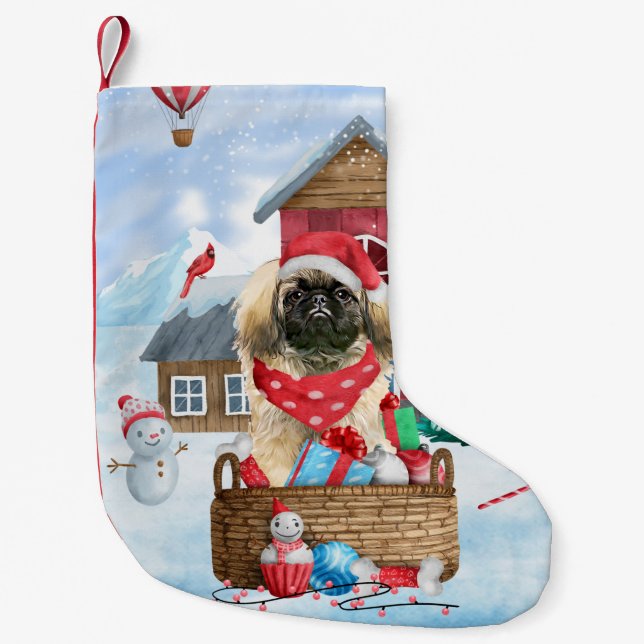 Petite Chaussette De Noël Chien Pekingese dans la neige Maison de Chien de N (Devant)