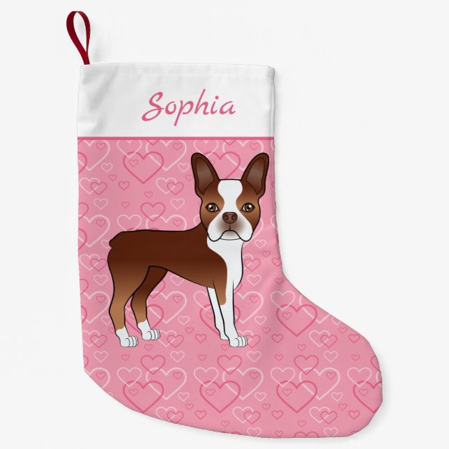 Petite Chaussette De Noël Chien Red Boston Terrier Sur Coeurs Rose Et Nom (Devant)