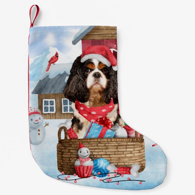 Petite Chaussette De Noël Chien Roi Cavalier dans la neige Maison de Chien N (Devant)