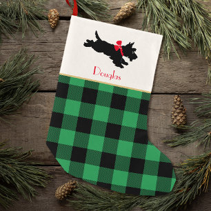 Petite Chaussette De Noël Chien Scottie Nom personnalisé Buffalo Plaid Vert
