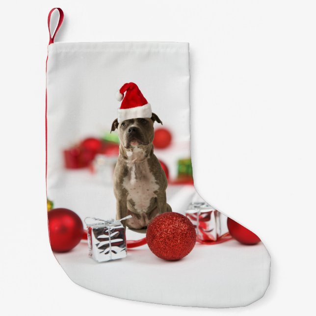 Petite Chaussette De Noël Chien taureau avec boîte cadeau et ornements de No (Devant)