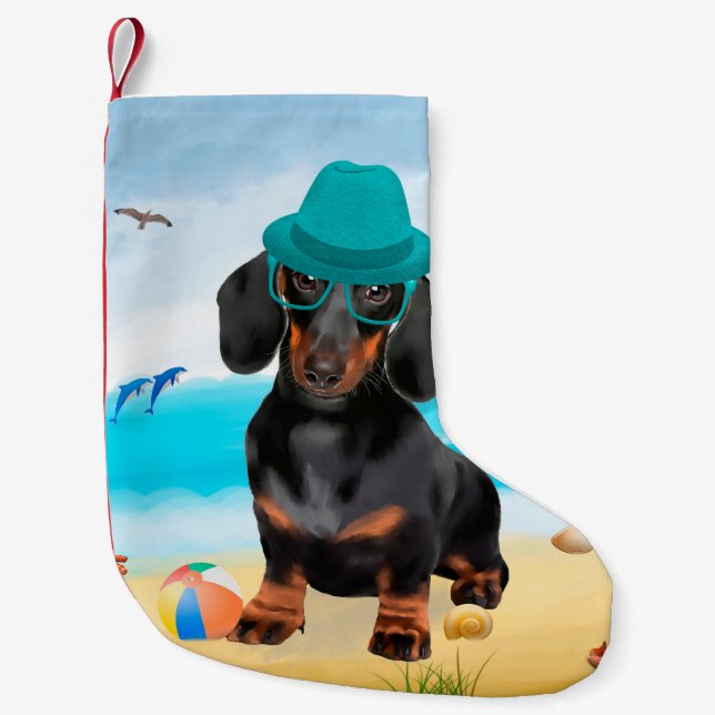 Petite Chaussette De Noël chien teckel sur la plage (Devant)