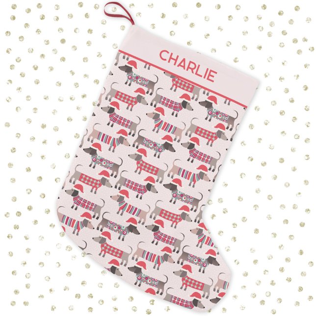 Petite Chaussette De Noël Chiens de Noël Casquettes de Noël Personnalisés Da (Fun dachshund wiener sausage dogs in Santa Hats pattern personalized Christmas stocking)