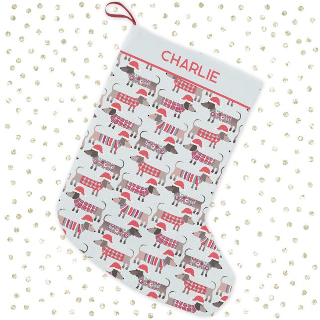 Petite Chaussette De Noël Chiens de Noël Casquettes de Noël Personnalisés Da (Fun dachshund wiener sausage dogs in Santa Hats pattern personalized Christmas stocking)