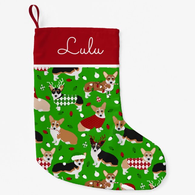 Petite Chaussette De Noël Chiens de Noël Corgi Nom personnalisé (Devant)