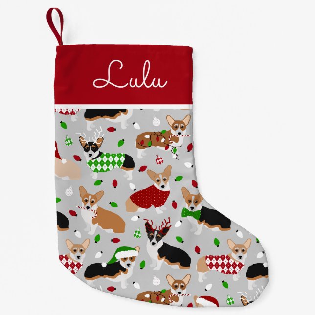 Petite Chaussette De Noël Chiens de Noël Corgi Nom personnalisé (Devant)
