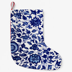 Petite Chaussette De Noël Chinois bleu marine foncé motif floral sur blanc